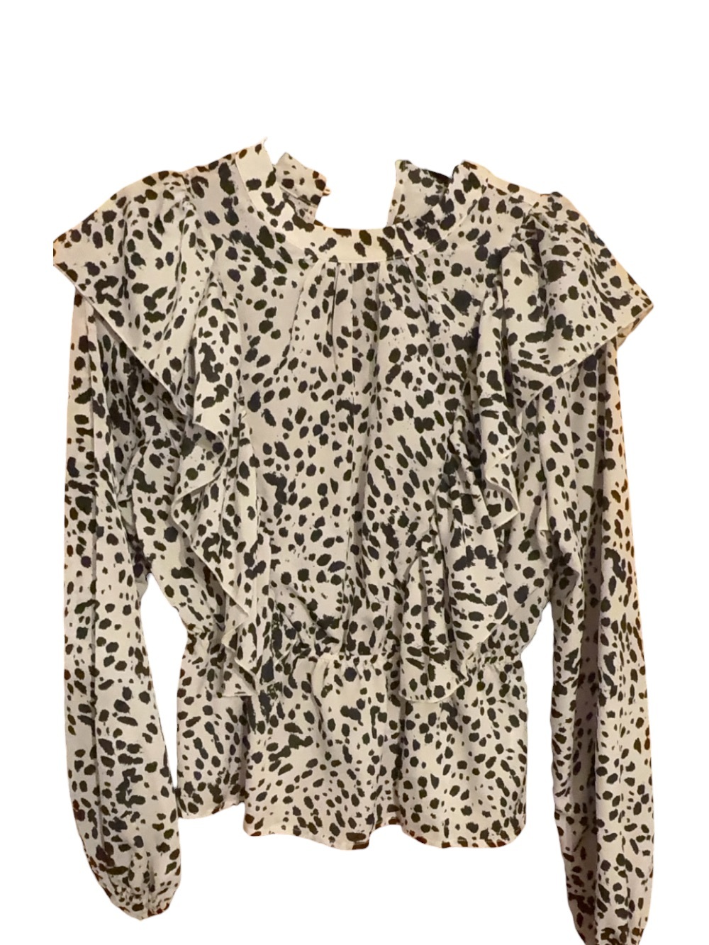 SHEIN Cream Blouse with Black Spotted Print and Ruffle Details